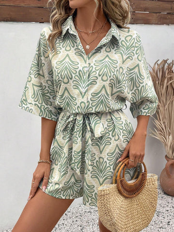 Women's Casual Collared Short Sleeve Printed Loose Jumpsuit