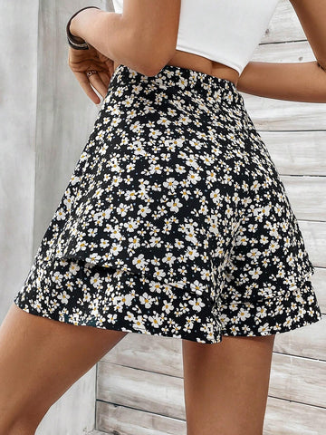 VCAY Women's Casual Floral Printed Double Layer Shorts