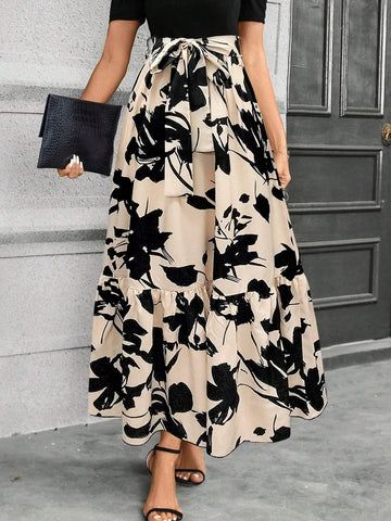 VCAY Women's Casual Floral Printed Mid-Length Skirt