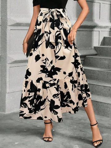 VCAY Women's Casual Floral Printed Mid-Length Skirt