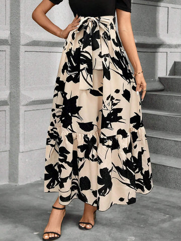 VCAY Women's Casual Floral Printed Mid-Length Skirt