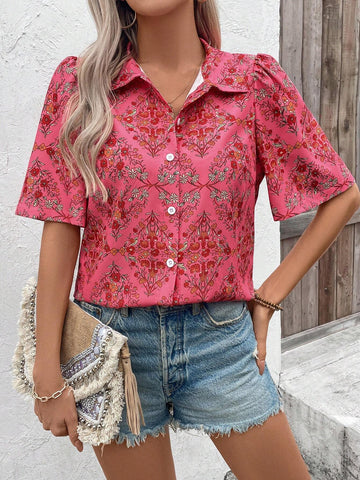 VCAY Women's Casual Short Sleeve Shirt With Random Print, Simple Style