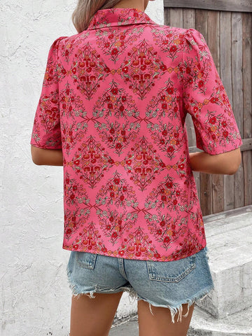 VCAY Women's Casual Short Sleeve Shirt With Random Print, Simple Style