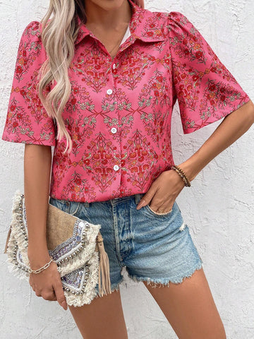 VCAY Women's Casual Short Sleeve Shirt With Random Print, Simple Style