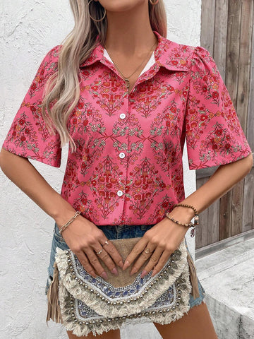 VCAY Women's Casual Short Sleeve Shirt With Random Print, Simple Style