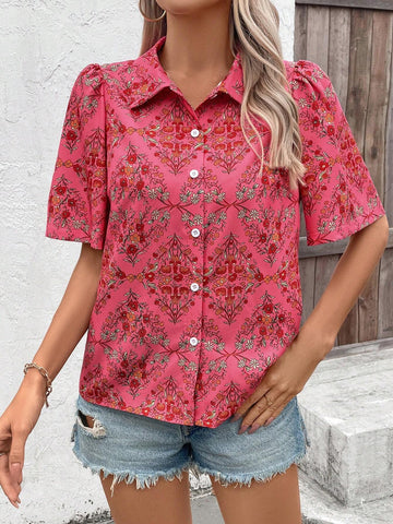 VCAY Women's Casual Short Sleeve Shirt With Random Print, Simple Style