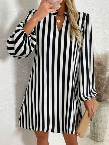 Women's Casual Striped Lantern Sleeve Loose Long Sleeve Dress, Autumn