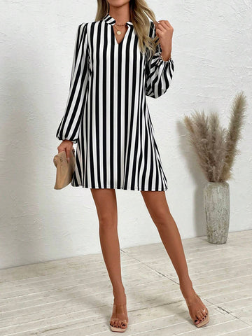 Women's Casual Striped Lantern Sleeve Loose Long Sleeve Dress, Autumn