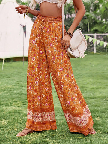 VCAY Women's Casual Vacation Floral Print Wide Leg Pants Beach