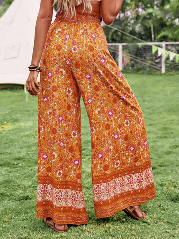 VCAY Women's Casual Vacation Floral Print Wide Leg Pants Beach