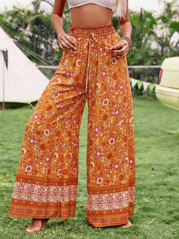 VCAY Women's Casual Vacation Floral Print Wide Leg Pants Beach