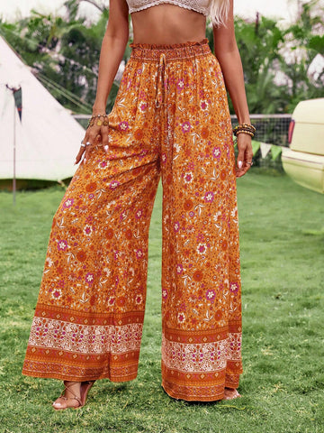 VCAY Women's Casual Vacation Floral Print Wide Leg Pants Beach