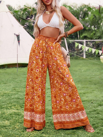 VCAY Women's Casual Vacation Floral Print Wide Leg Pants Beach