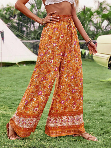 VCAY Women's Casual Vacation Floral Print Wide Leg Pants Beach