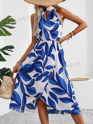 Women's Choker Neck Criss Cross Hem Leaf Print Dress