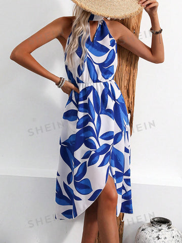 Women's Choker Neck Criss Cross Hem Leaf Print Dress
