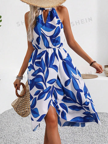 Women's Choker Neck Criss Cross Hem Leaf Print Dress