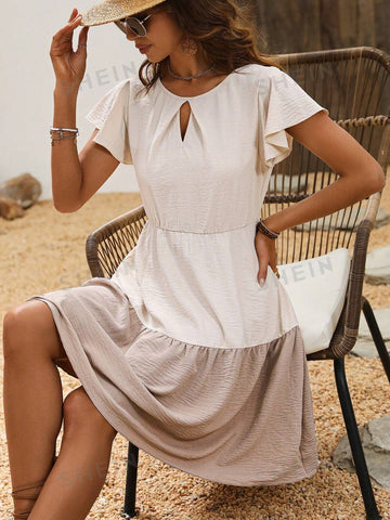 Women's Color Block Contrast Collar Hollow Out Ruffle Hem Dress