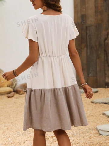 Women's Color Block Contrast Collar Hollow Out Ruffle Hem Dress