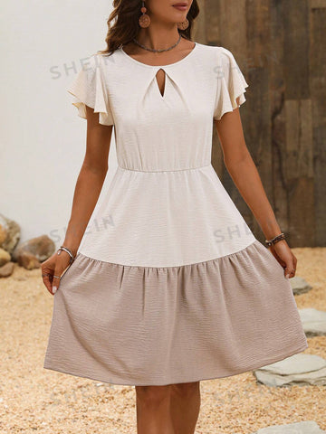Women's Color Block Contrast Collar Hollow Out Ruffle Hem Dress