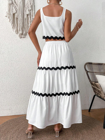 Women's Color Block Cropped Tank Top And High Waist Skirt Set