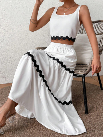 Women's Color Block Cropped Tank Top And High Waist Skirt Set