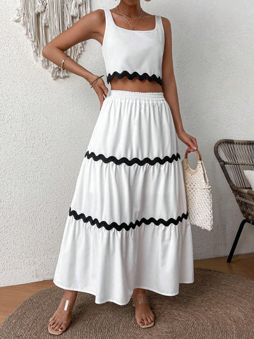 Women's Color Block Cropped Tank Top And High Waist Skirt Set