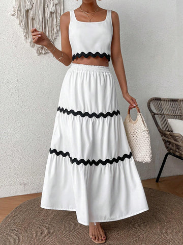 Women's Color Block Cropped Tank Top And High Waist Skirt Set