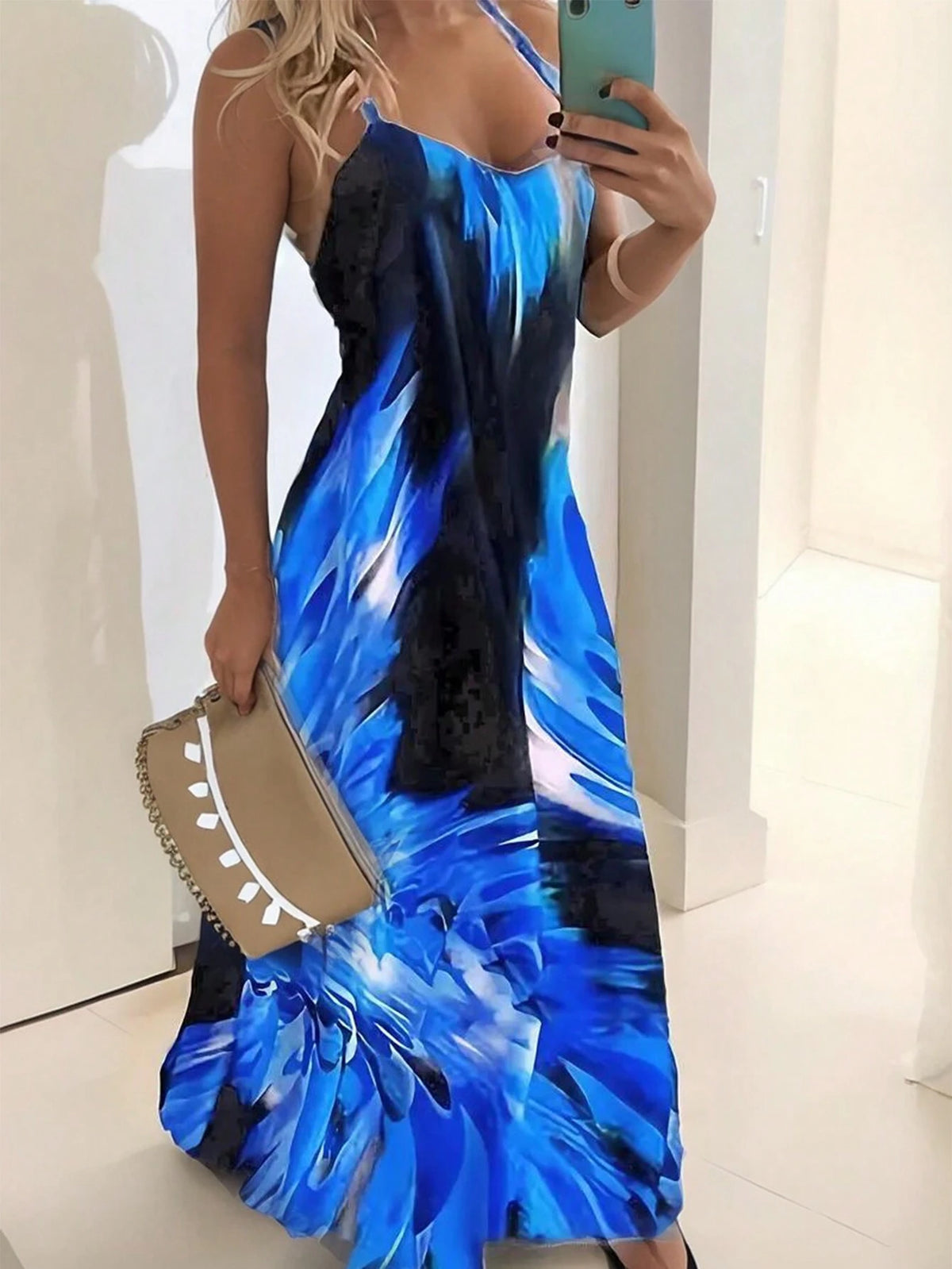 Women's Color Blocking Large Floral Print Sleeveless Dress