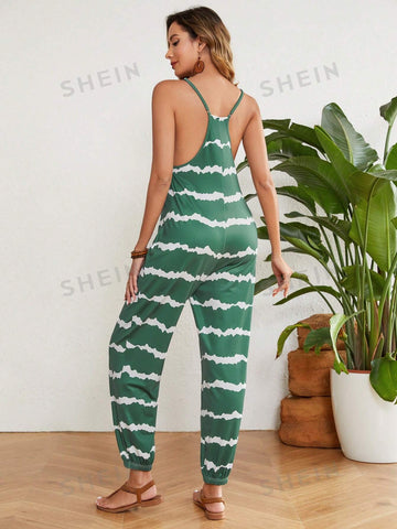 Women's Contrast Striped Elastic Ankle Jumpsuit With Shoulder Strap
