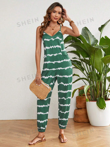 Women's Contrast Striped Elastic Ankle Jumpsuit With Shoulder Strap