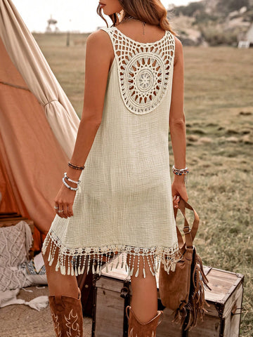 Women's Crochet Panel Backless Fringed Hem Sleeveless Dress