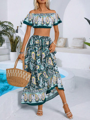 Women's Crop Top With Off-Shoulder & Paisley Printed Pattern And Skirt Set