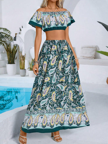 Women's Crop Top With Off-Shoulder & Paisley Printed Pattern And Skirt Set