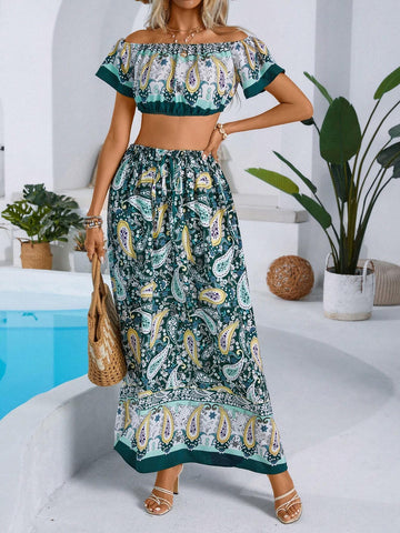 Women's Crop Top With Off-Shoulder & Paisley Printed Pattern And Skirt Set