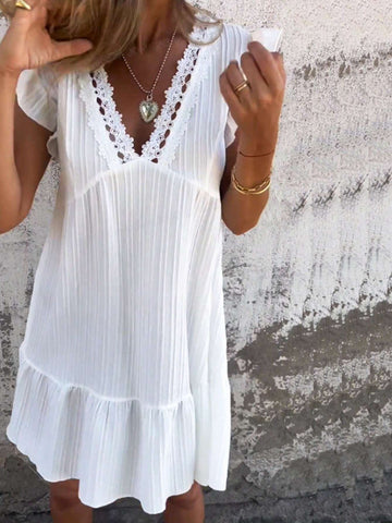 Women's Deep V-Neck Embroidery Decor Solid Color Dress