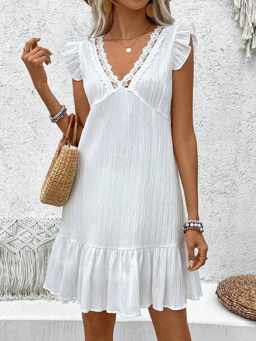 Women's Deep V-Neck Embroidery Decor Solid Color Dress