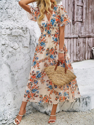 Women's Deep V-Neck Floral Print Dress