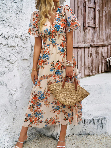 Women's Deep V-Neck Floral Print Dress