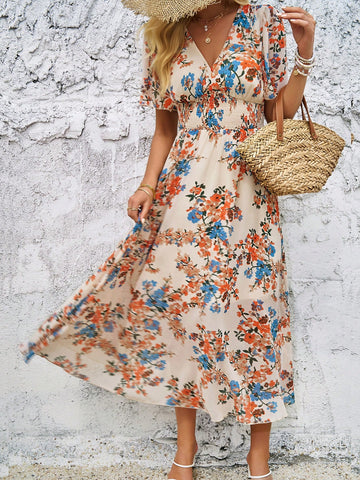 Women's Deep V-Neck Floral Print Dress