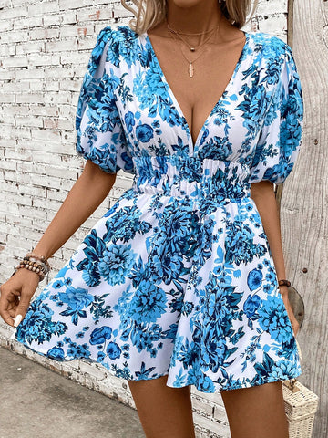 Women's Deep V-Neck Floral Print Romper With Puff Sleeves