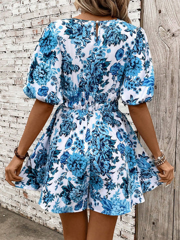 Women's Deep V-Neck Floral Print Romper With Puff Sleeves