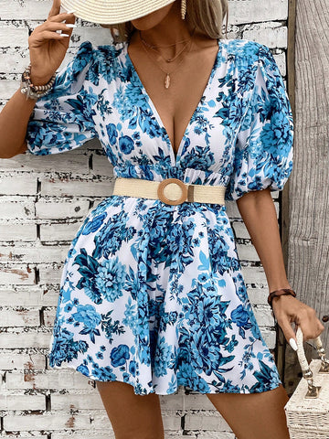Women's Deep V-Neck Floral Print Romper With Puff Sleeves