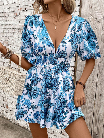Women's Deep V-Neck Floral Print Romper With Puff Sleeves