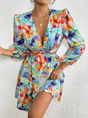 Women's Deep V-Neck Hollow Out Floral Print Holiday Dress
