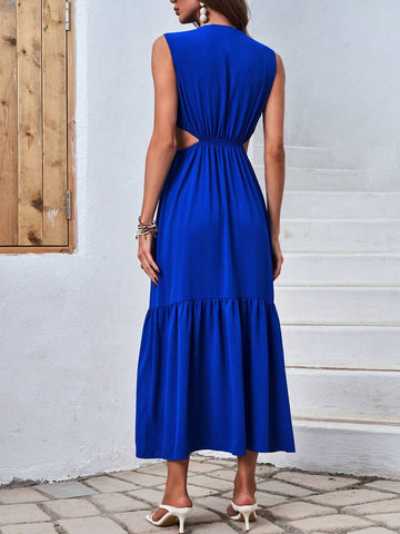 Women's Deep V-Neck Hollow Out Waist Sleeveless Dress