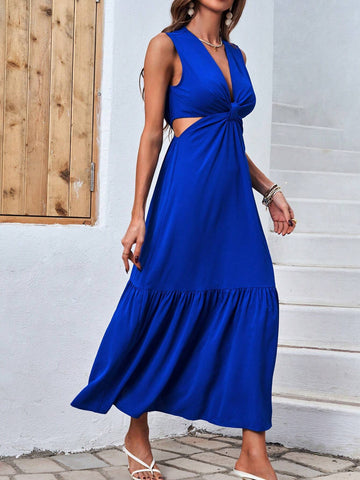 Women's Deep V-Neck Hollow Out Waist Sleeveless Dress