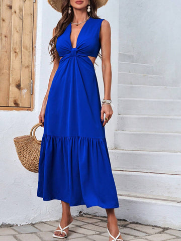 Women's Deep V-Neck Hollow Out Waist Sleeveless Dress