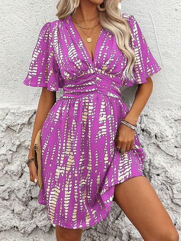 Women's Deep V-Neck Ruffle Trim Pleated Casual Holiday Summer Dress