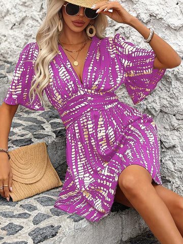 Women's Deep V-Neck Ruffle Trim Pleated Casual Holiday Summer Dress